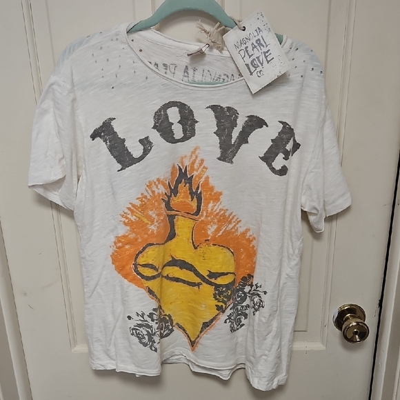 Magnolia Pearl Tops - Magnolia Pearl White and Orange Short Sleeve Tee with Love Graphic